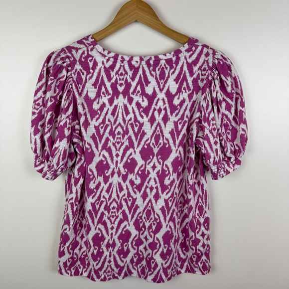 Chicos Ikat‎ Puff Sleeve Slub Tee Size 1 Medium Purple Pink Resort Boho Vacation - Picture 4 of 9